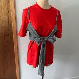 MSGM sz S Red Short Sleeve Tshirt w/ Detachable Bow Tie Tank Top Striped